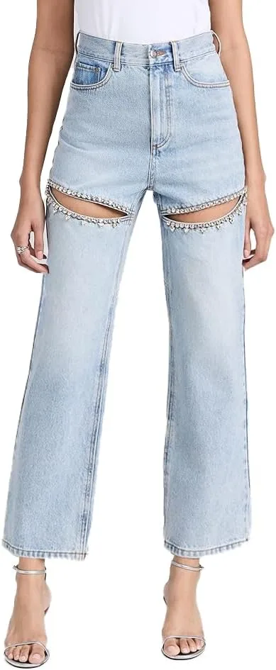 

LaurelTree женские джинсы с высокой талией и широкими штанинами, украшенные стразами и прорезями