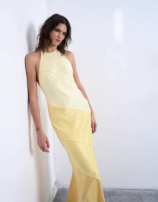 

Атласное платье макси с бретельками желтого цвета с градиентом Topshop