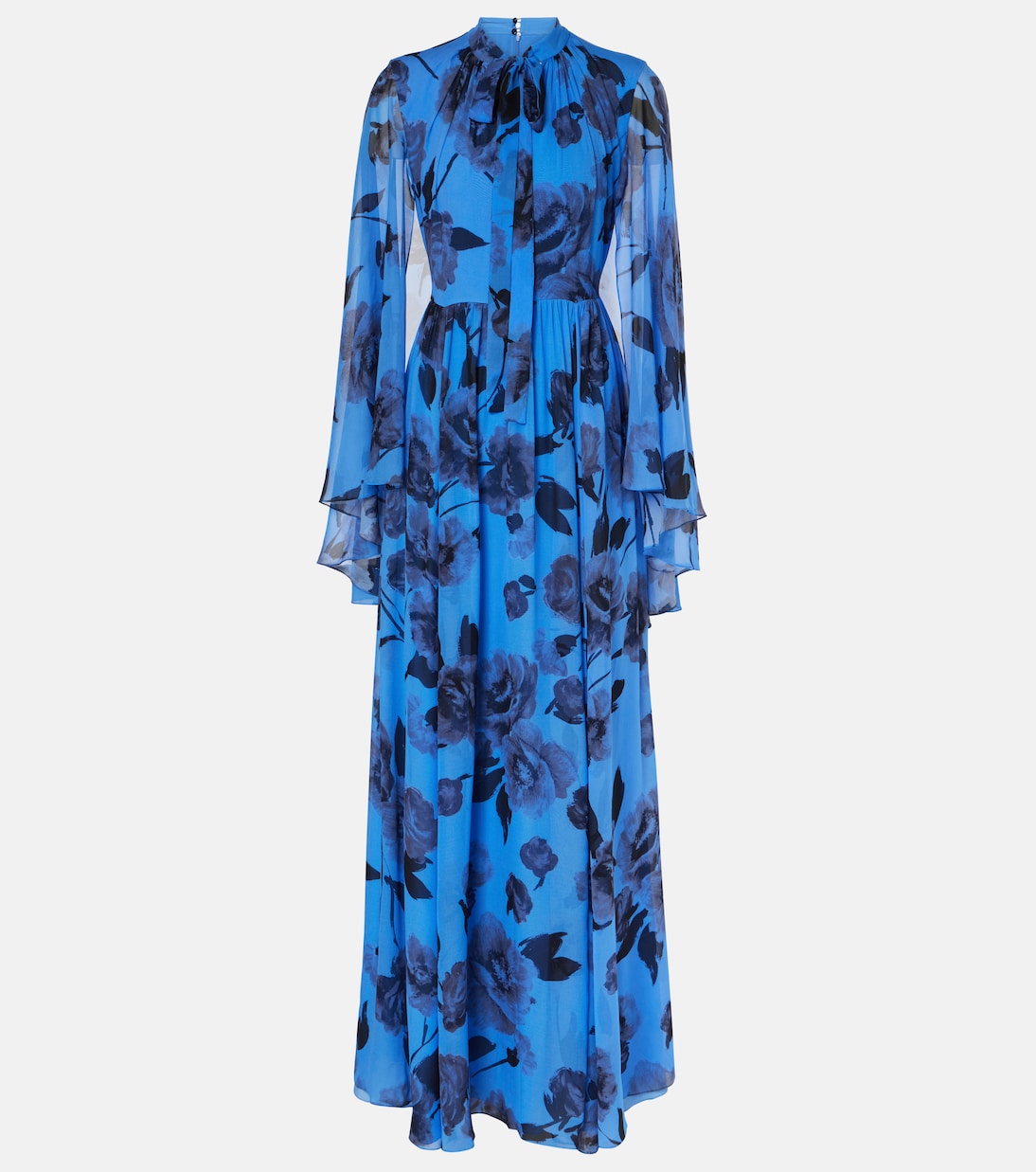 

Платье из шелковой вуали с цветочным принтом и завязкой на шее Erdem, Lupin Blue
