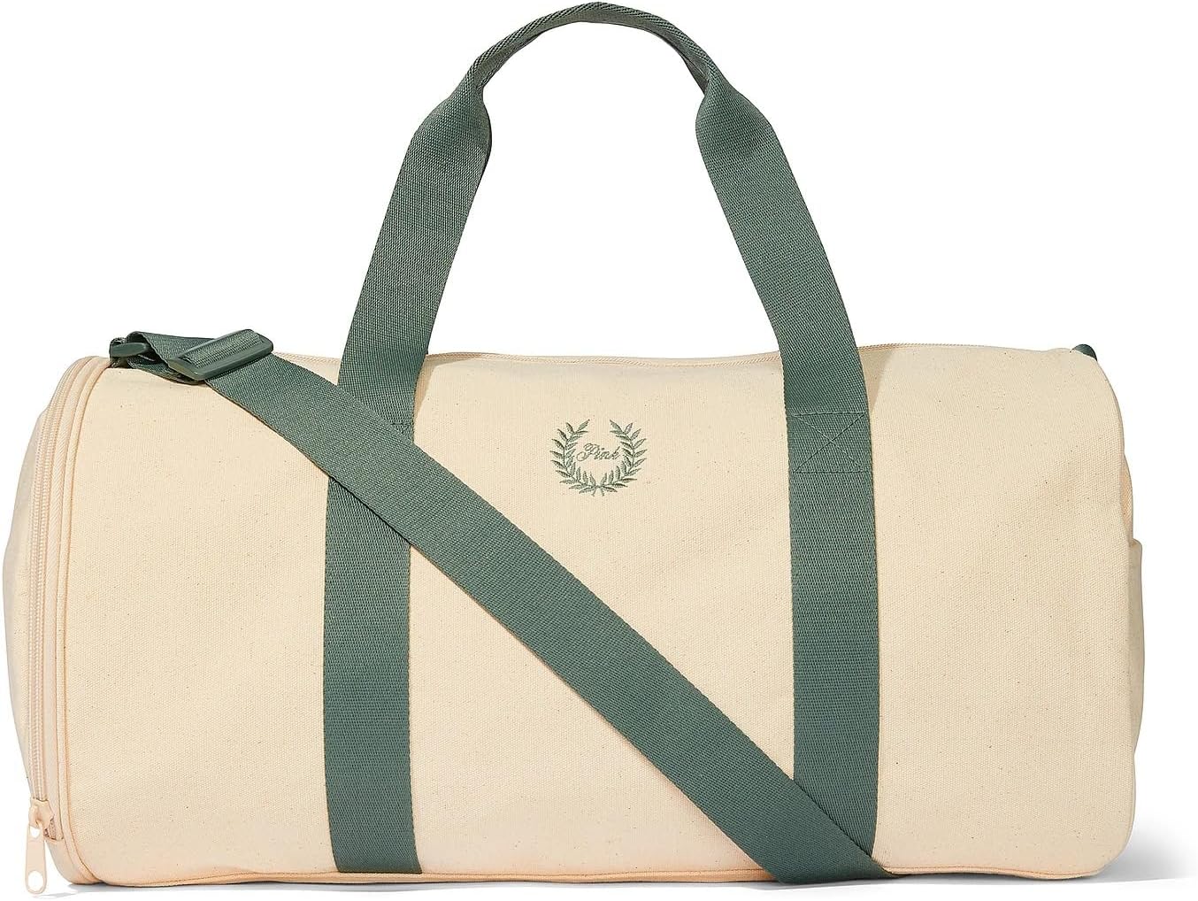 

Сумка-дуэль Victoria's Secret PINK из холста, бежевая с зелеными лямками, спортивная дорожная сумка