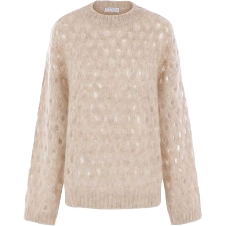 

Свитер с круглым вырезом и ажурной вязкой Brunello Cucinelli, бежевый