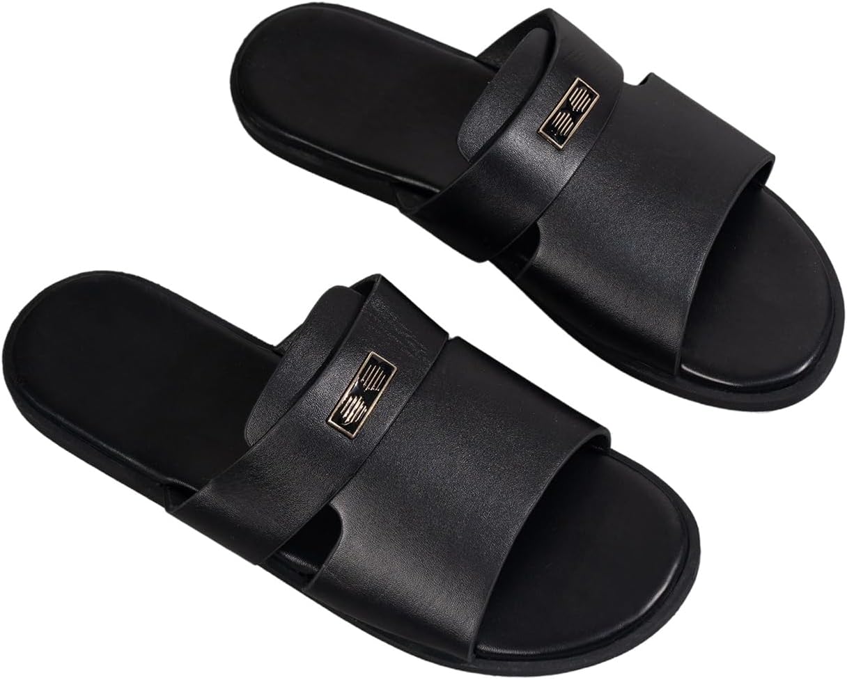 

Мужские кожаные тапочки GORGLITTER 2025, сандалии с перекрестными ремешками для дома, черный