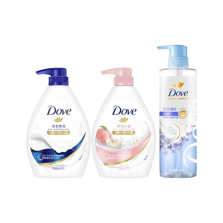 Набор для ухода и очищения кожи с увлажняющим эффектом Dove, Three-Piece Set: Milk Shower Gel 680g+White Peach Shower Gel 680g+Blue Bell Shampoo 470ml
