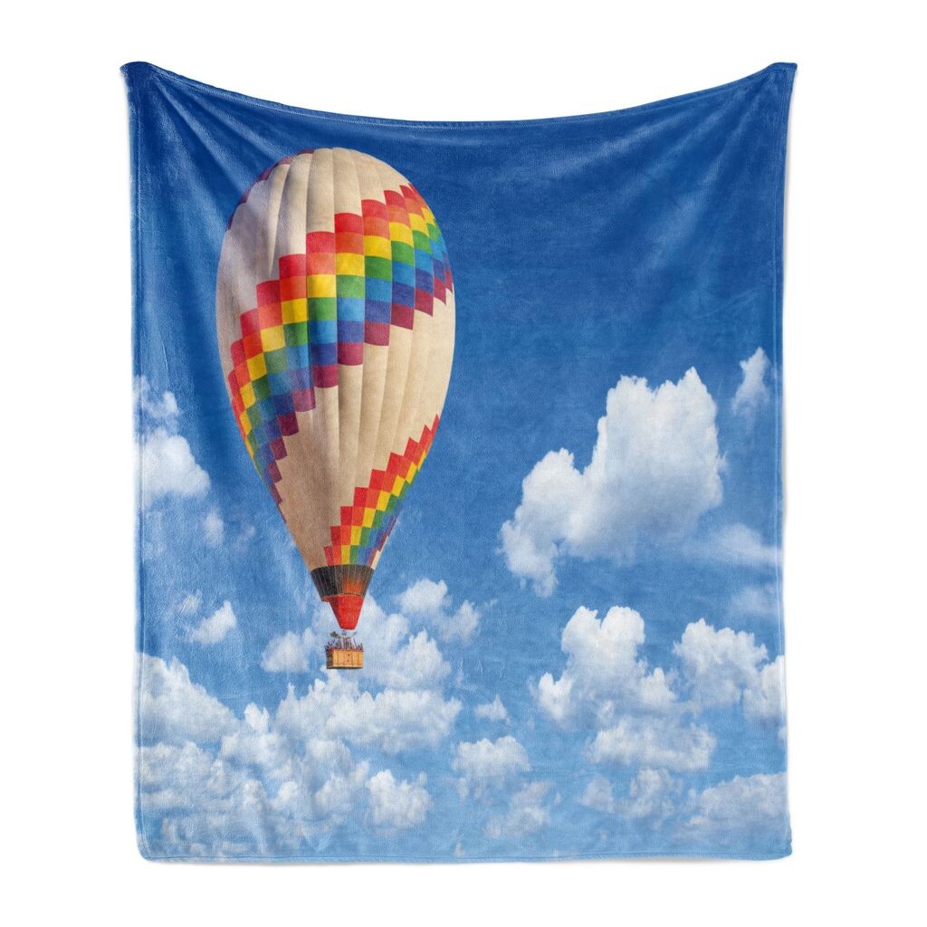 

ABAKUHAUS Blue Sky Мягкое фланелевое флисовое одеяло, живописное изображение красочного воздушного шара, летящего в приключенческой тематике, 175 x 230 см, разноцветное, синий