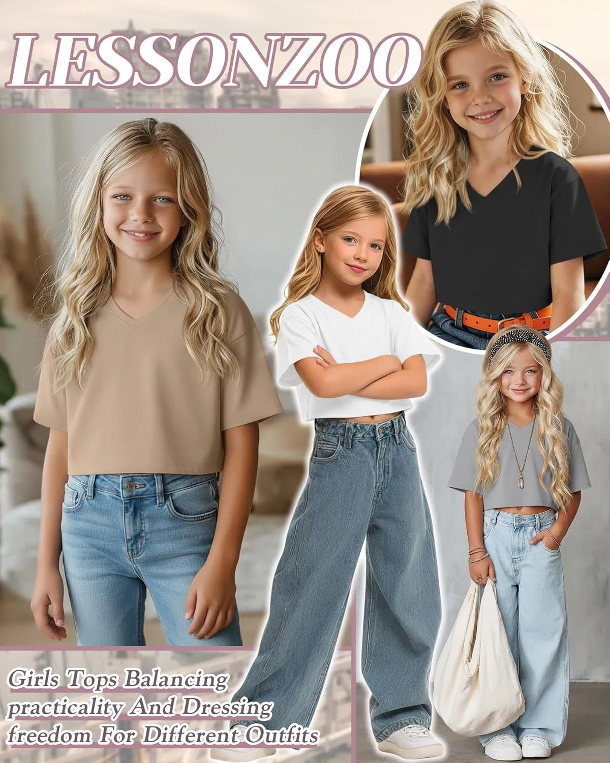Детские топы-кроп с V-образным вырезом, набор 4 шт, LessonZoo, Black, White, Light Gray, Khaki, 13-14 Years — фото 3