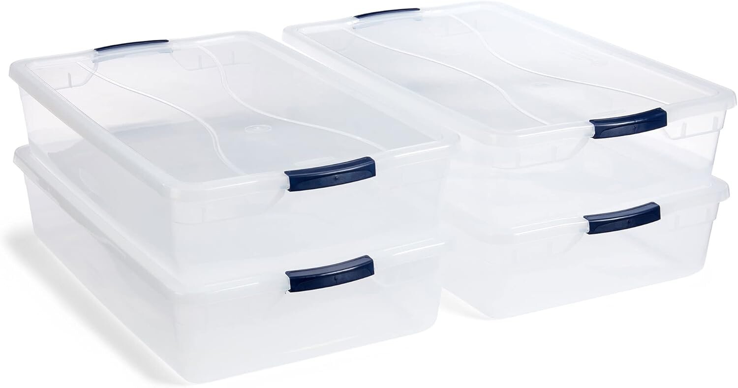 

Rubbermaid Cleverstore Clear, 41 кварта, 4 шт., сделано в США, штабелируемые прозрачные контейнеры для хранения с крышками, прозрачное пластиковое хранилище, с защелкивающимися крышками, без BPA, Clear,Blue