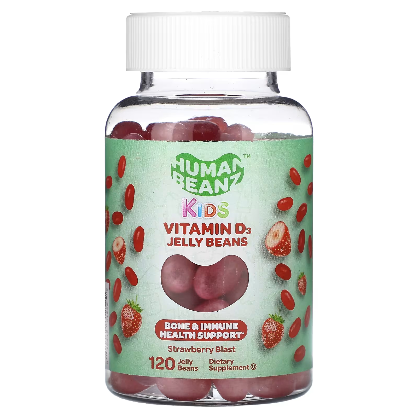 

Добавка с витамином D3 Human Beanz Kids Strawberry Blast, 120 жевательных конфет