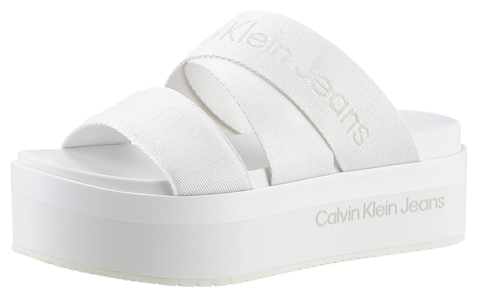 

Мюли Calvin Klein Jeans "FLATFORM SANDAL WEBBING IN MR", платформа, летняя обувь, тапочки с надписью логотипа, цвет Offwhite-Weiß
