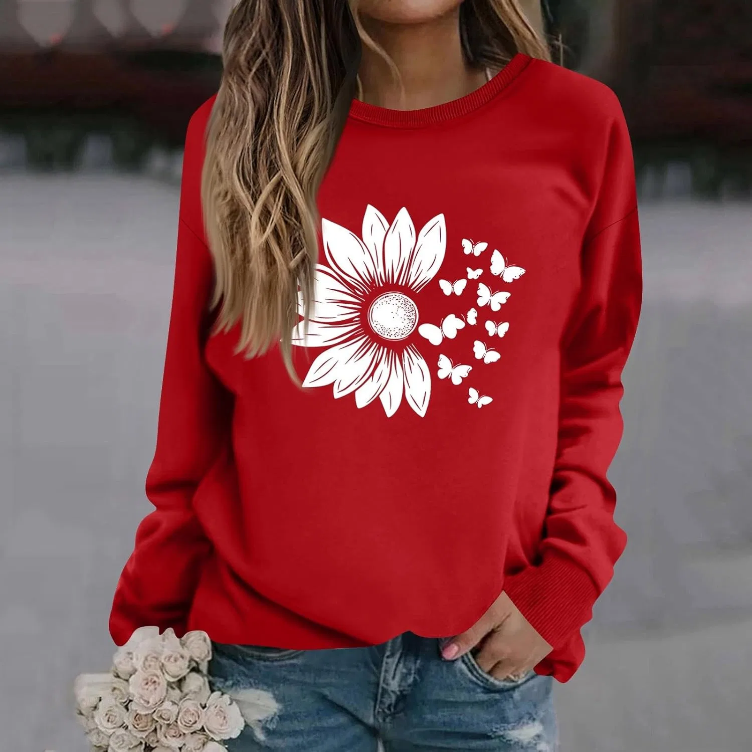 Женский свитшот с цветочным принтом, свободный крой, длинный рукав, 2-red — фото 3