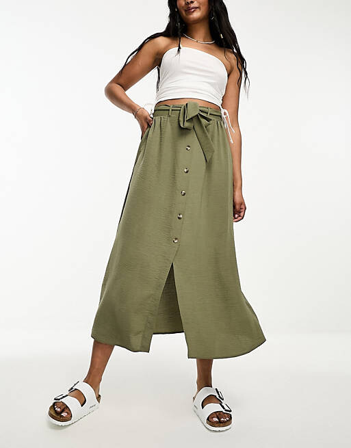 

Юбка миди цвета хаки на пуговицах с завязкой на талии ASOS DESIGN
