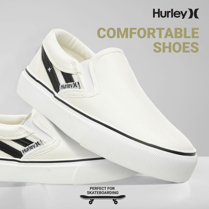 Детские слипоны Hurley из холщовой ткани - низкие кеды для скейтбординга для детей, спортивная обувь для мальчиков и девочек, повседневные кроссовки, белый/черный — фото 3