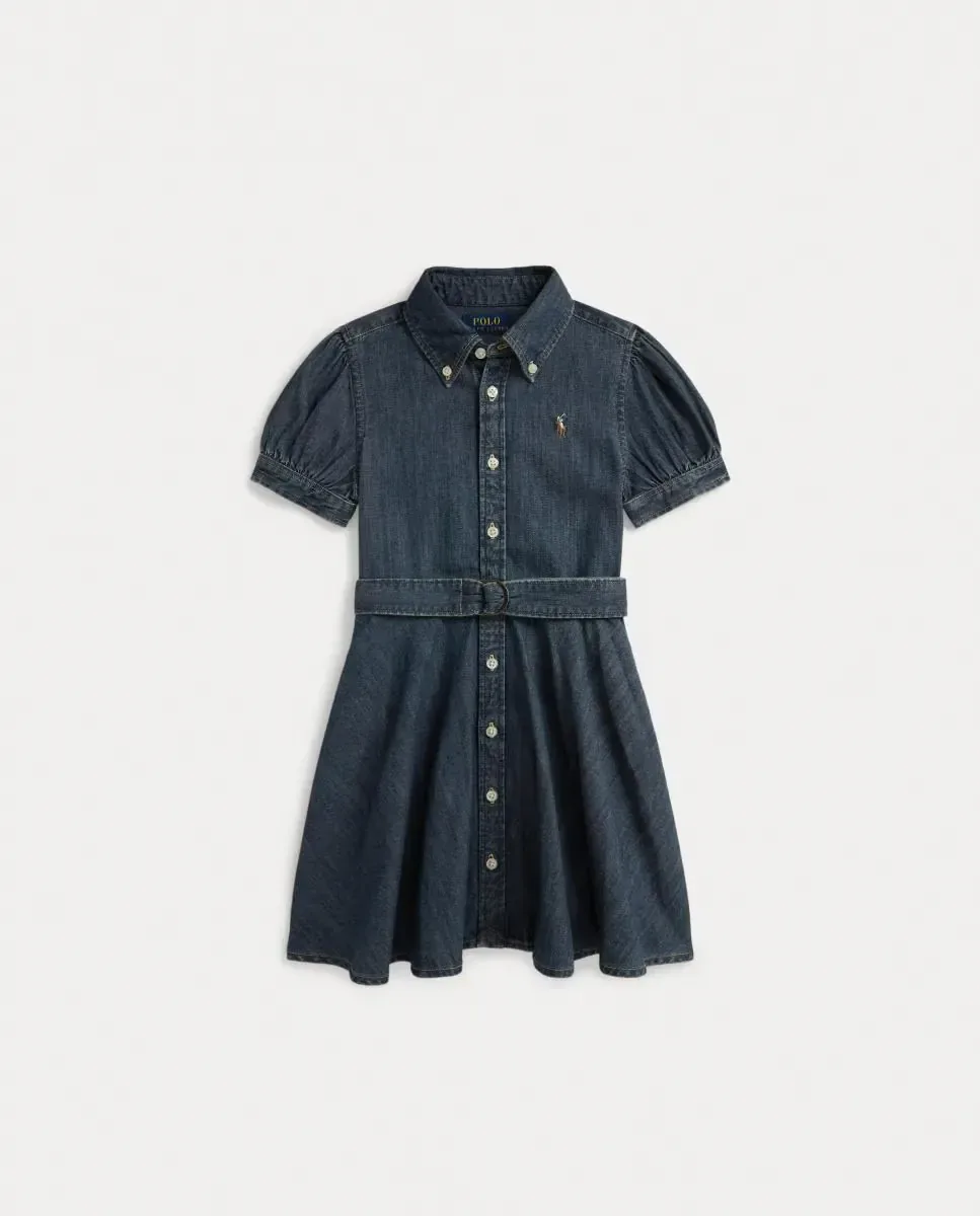 Детское платье-рубашка из хлопка с поясом Polo Ralph Lauren, Petróleo — фото 4