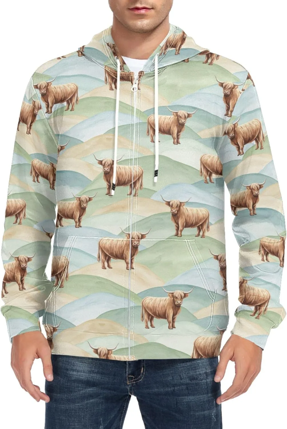 

Мужская толстовка с капюшоном Highland Cattle на холмах, с карманом CUPADA