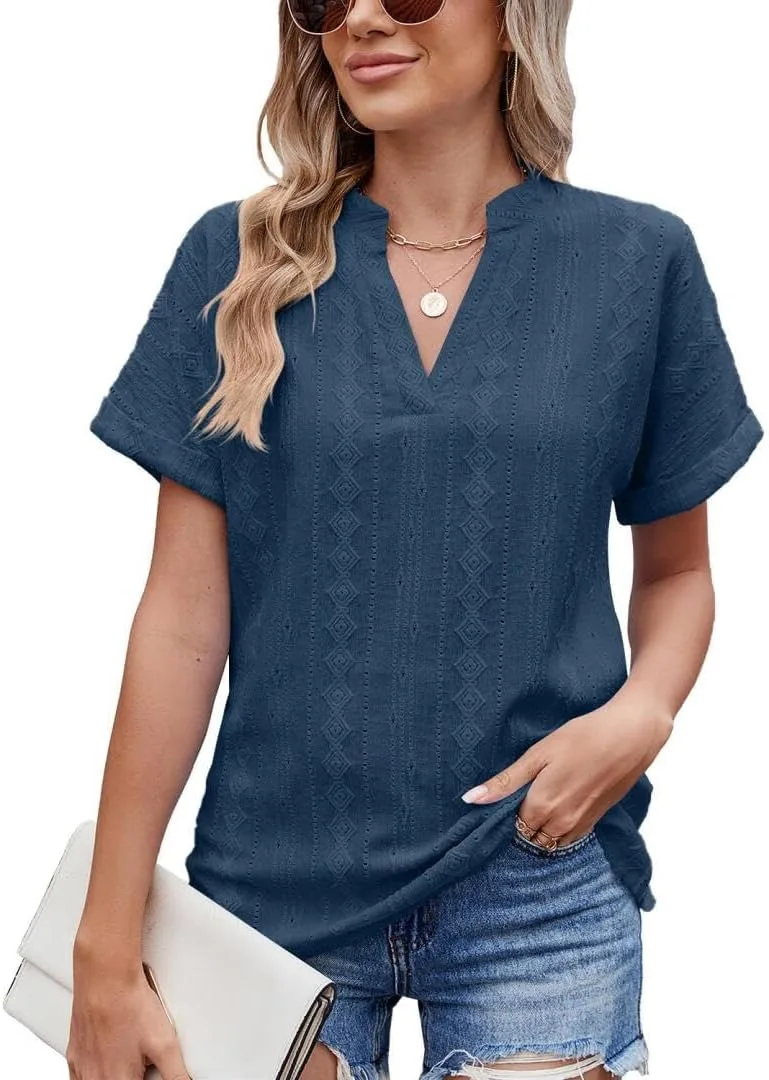 

FMCHICO Блузки для женщин повседневные с V-образным вырезом и коротким рукавом