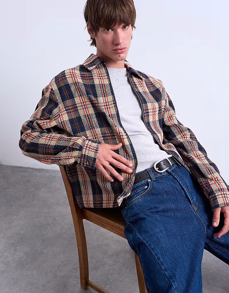 

Рубашка прямого кроя в текстурированную клетку с молнией, темно-синего цвета Topman