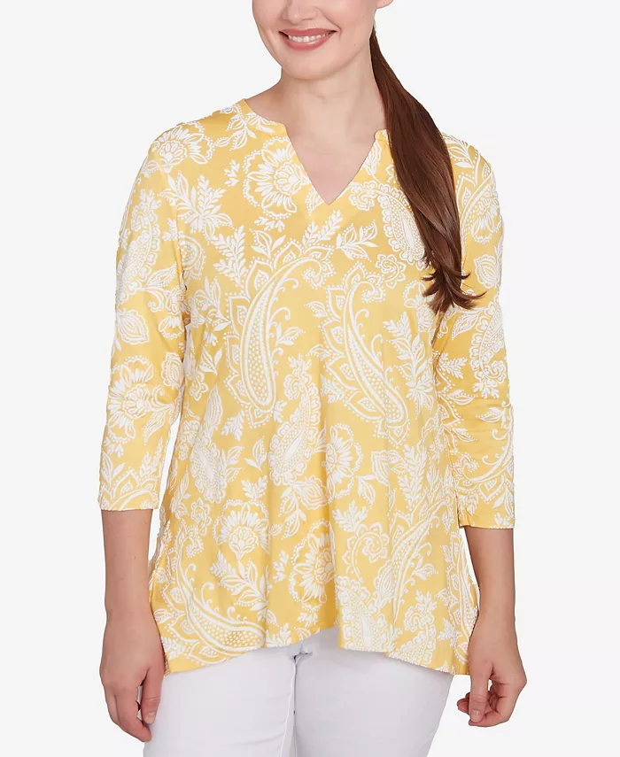 

Миниатюрный топ с V-образным вырезом и принтом пейсли в стиле якобинского бахромы Ruby Rd., желтый