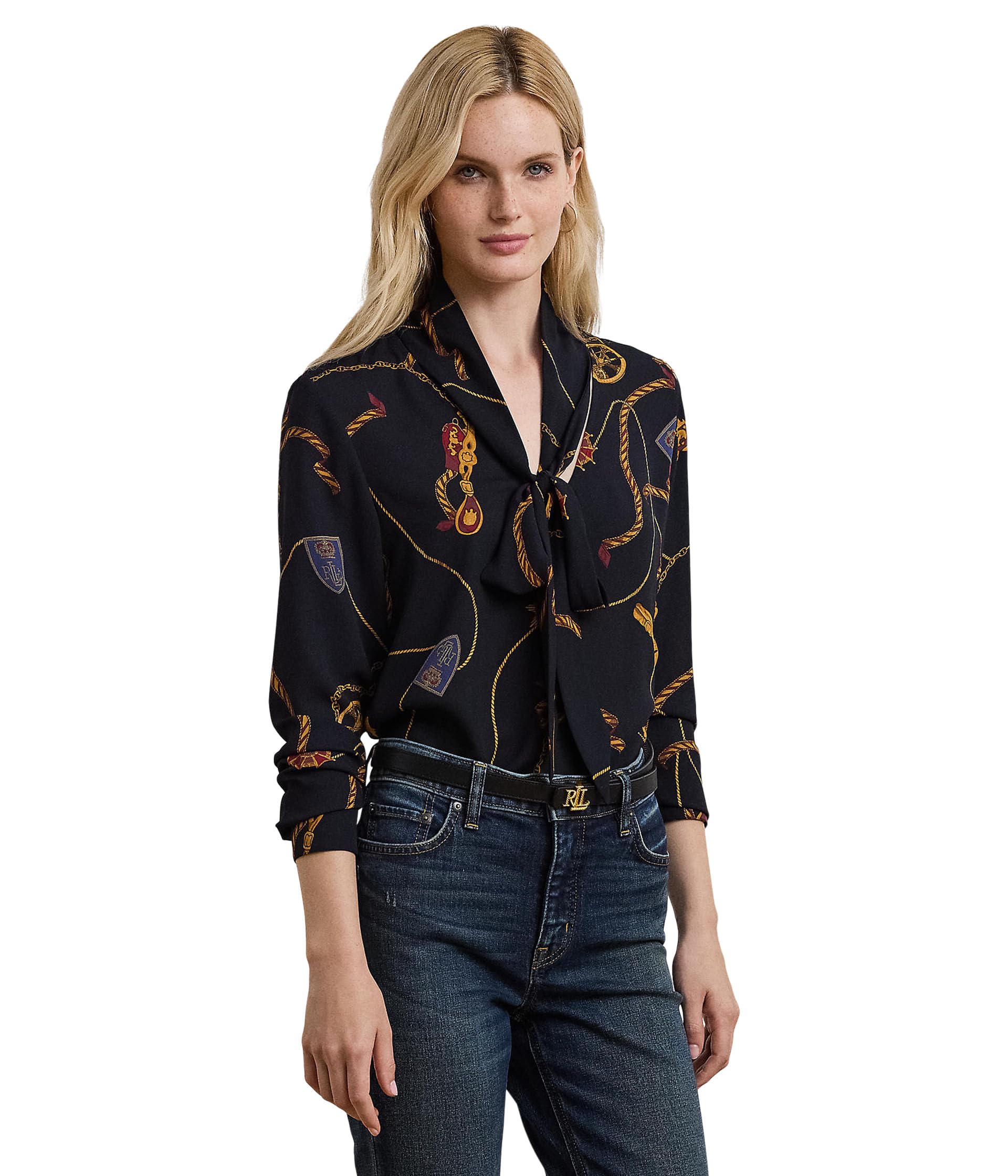 

Блуза Lauren Ralph Lauren Belting-Print Georgette Tie-Neck Blouse, цвет Navy Multi