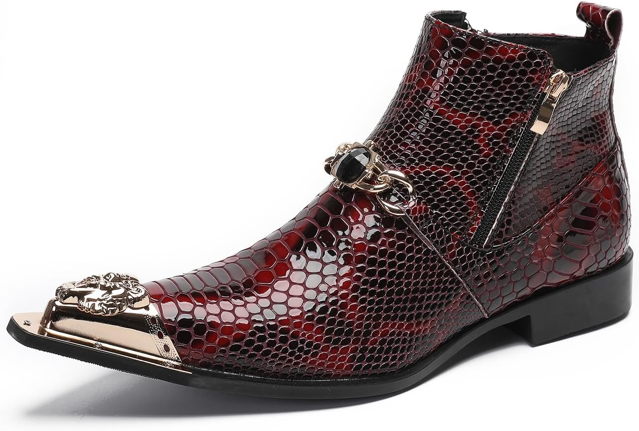 

Мужские красные ковбойские сапоги Santimon - кожаные челси для вечеринок, повседневной носки и рок-стиля - западные ботинки до щиколотки с металлическим носком, декоративными бусинами и двойной молнией