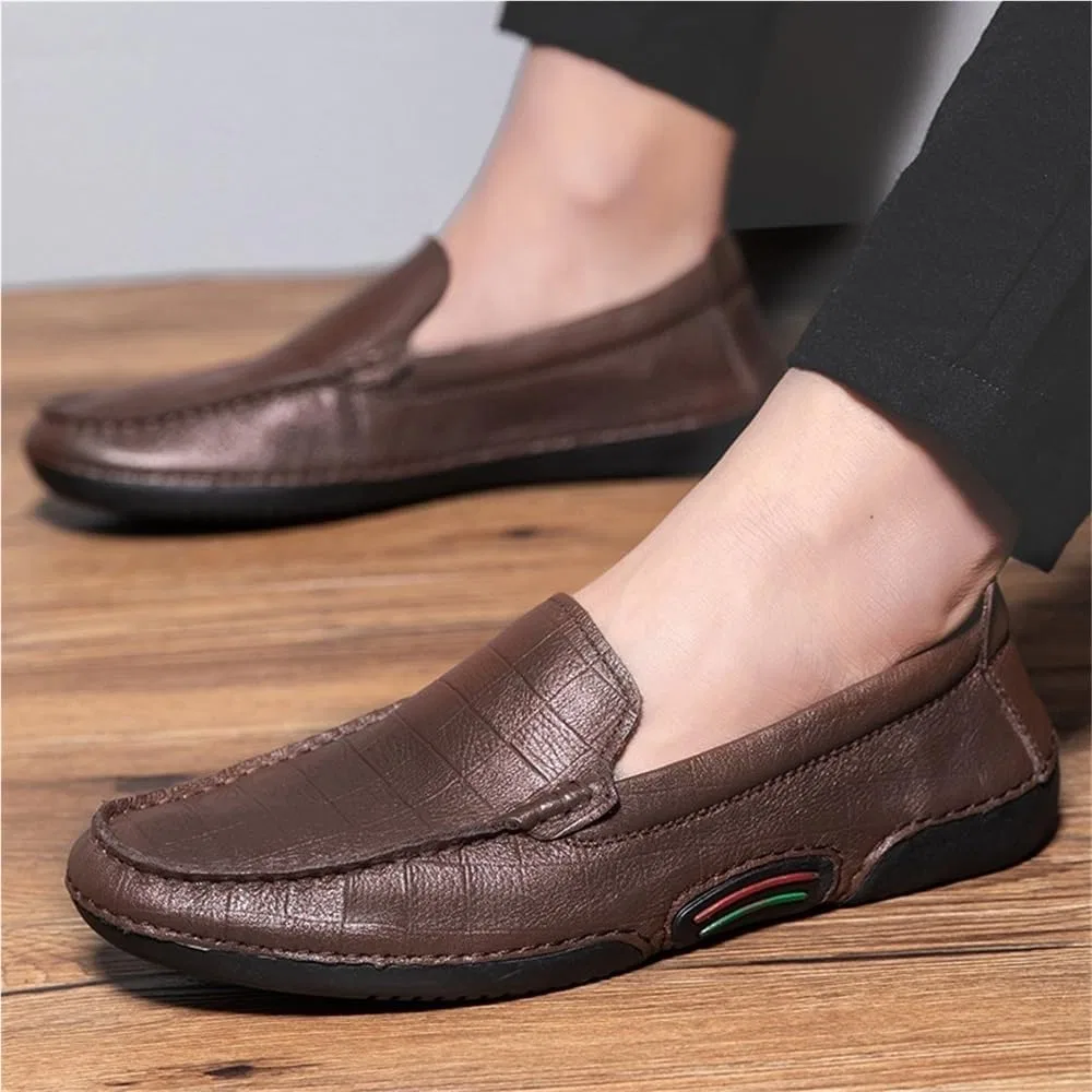 Лоферы кожаные Mens Slip-on Loafers Genuine Leather Round Toe Anti-Slip Flexible Comfortable Fashion Party Shoes, коричневый DHFIRUFSHLO — фото 3
