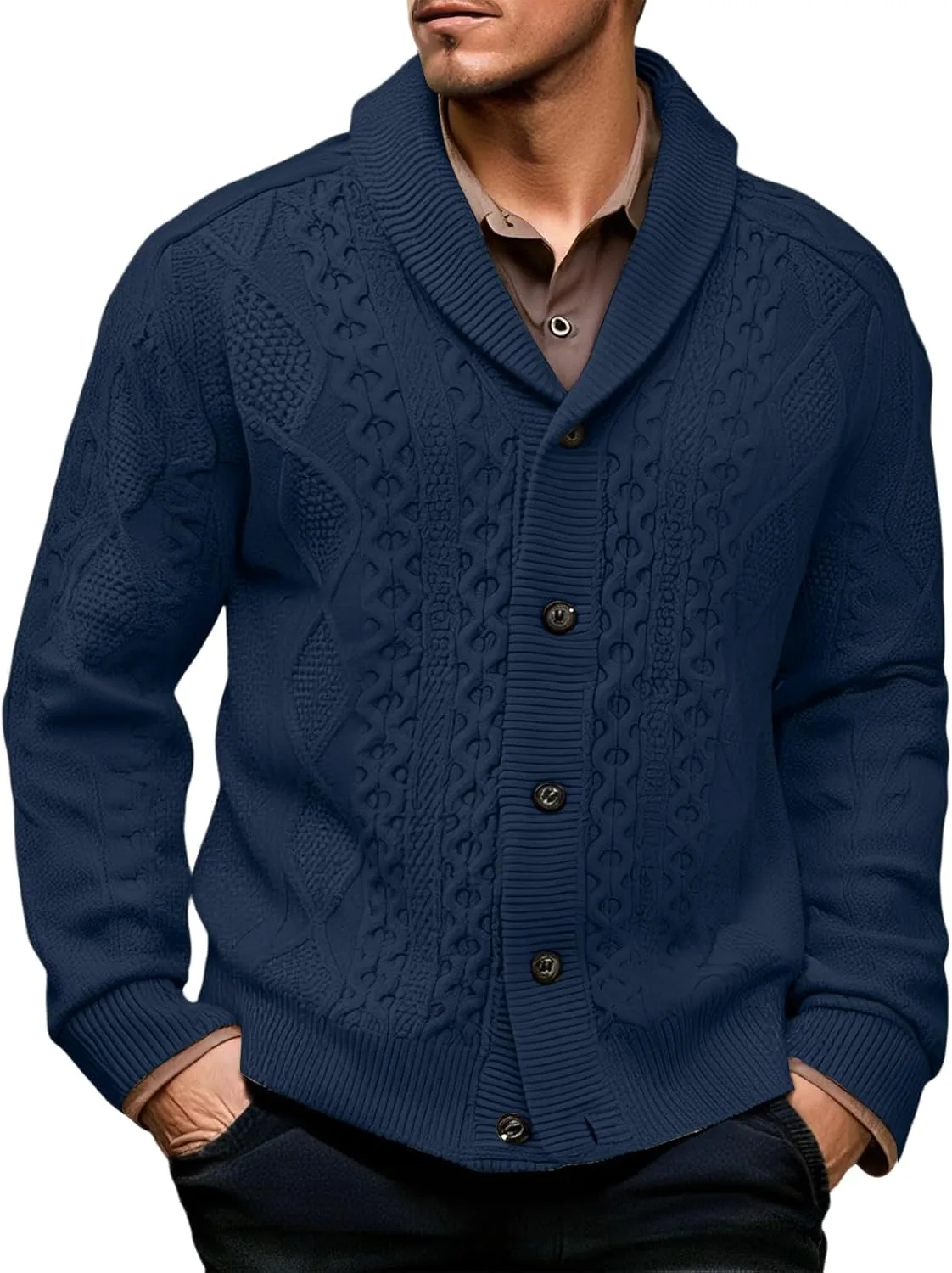 

Ymosrh мужской кардиган с шальным воротником, длинный рукав, пуговицы, кабельная вязка, размеры M-3XL