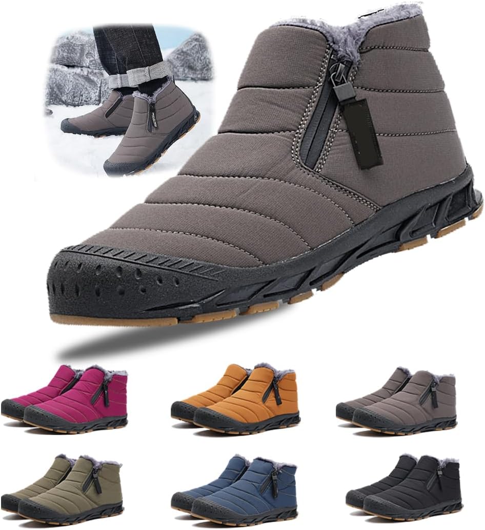 

Зимние ботинки для женщин и мужчин с молнией, с теплым мехом, на выход, короткие снежные ботинки, противоскользящие, водонепроницаемые, удобные для улицы Generic, серый