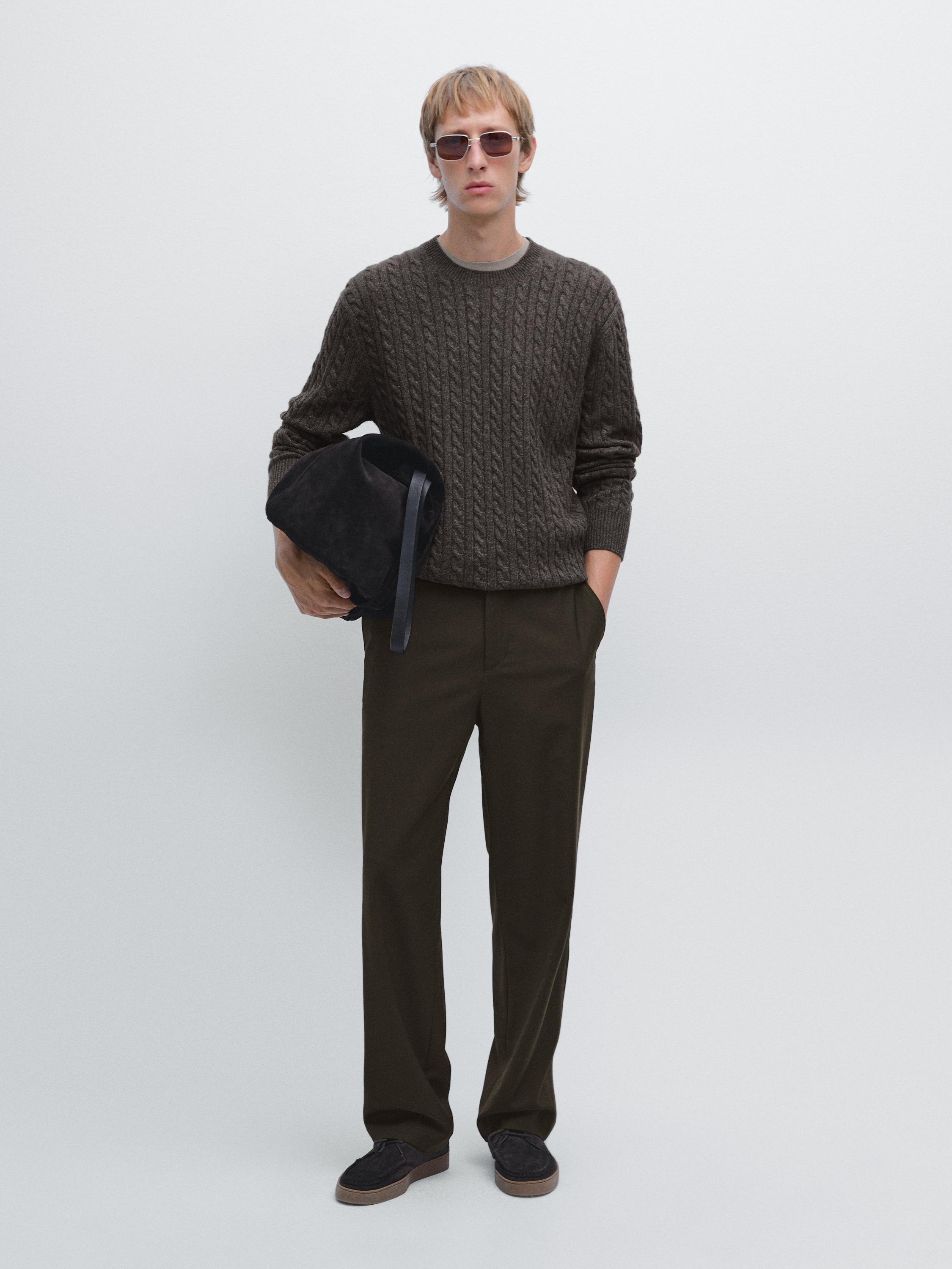 

Свитер с круглым вырезом и косой вязкой Massimo Dutti, коричневый