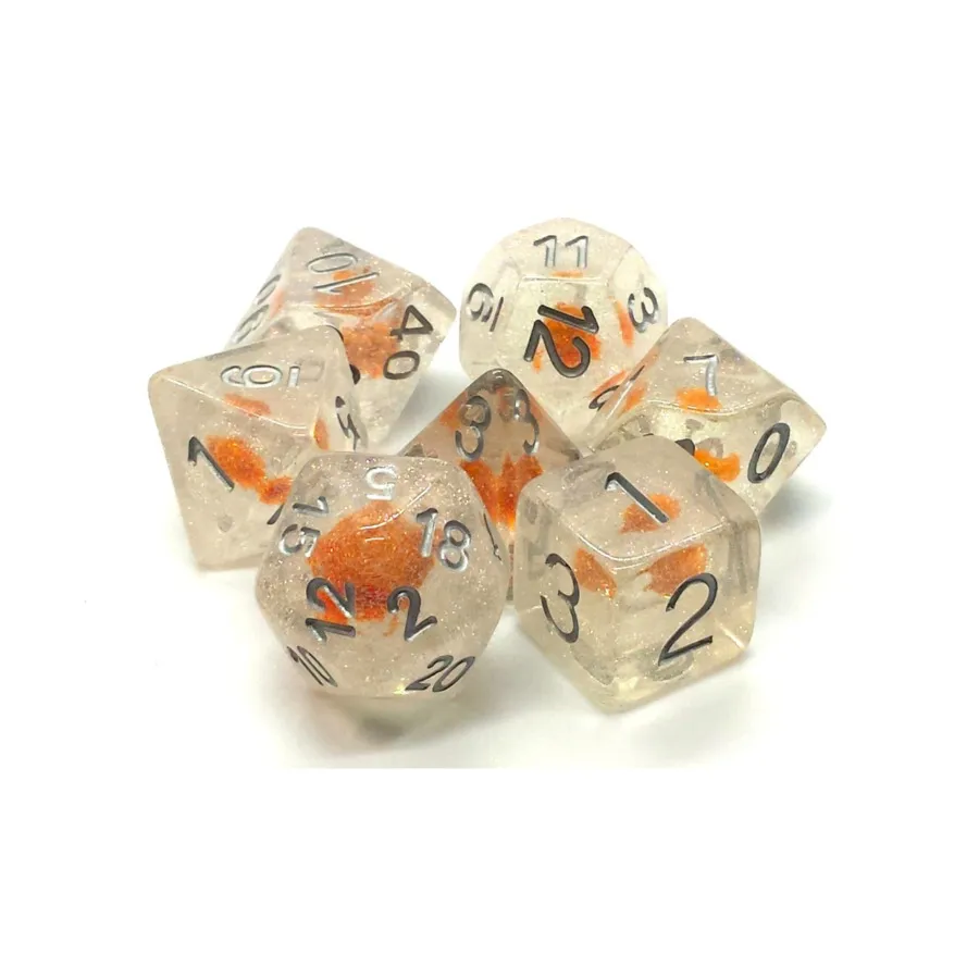 

Поли-набор с переливающимся оранжевым цветком и серебром (7), Acrylic-Resin Dice - Infused