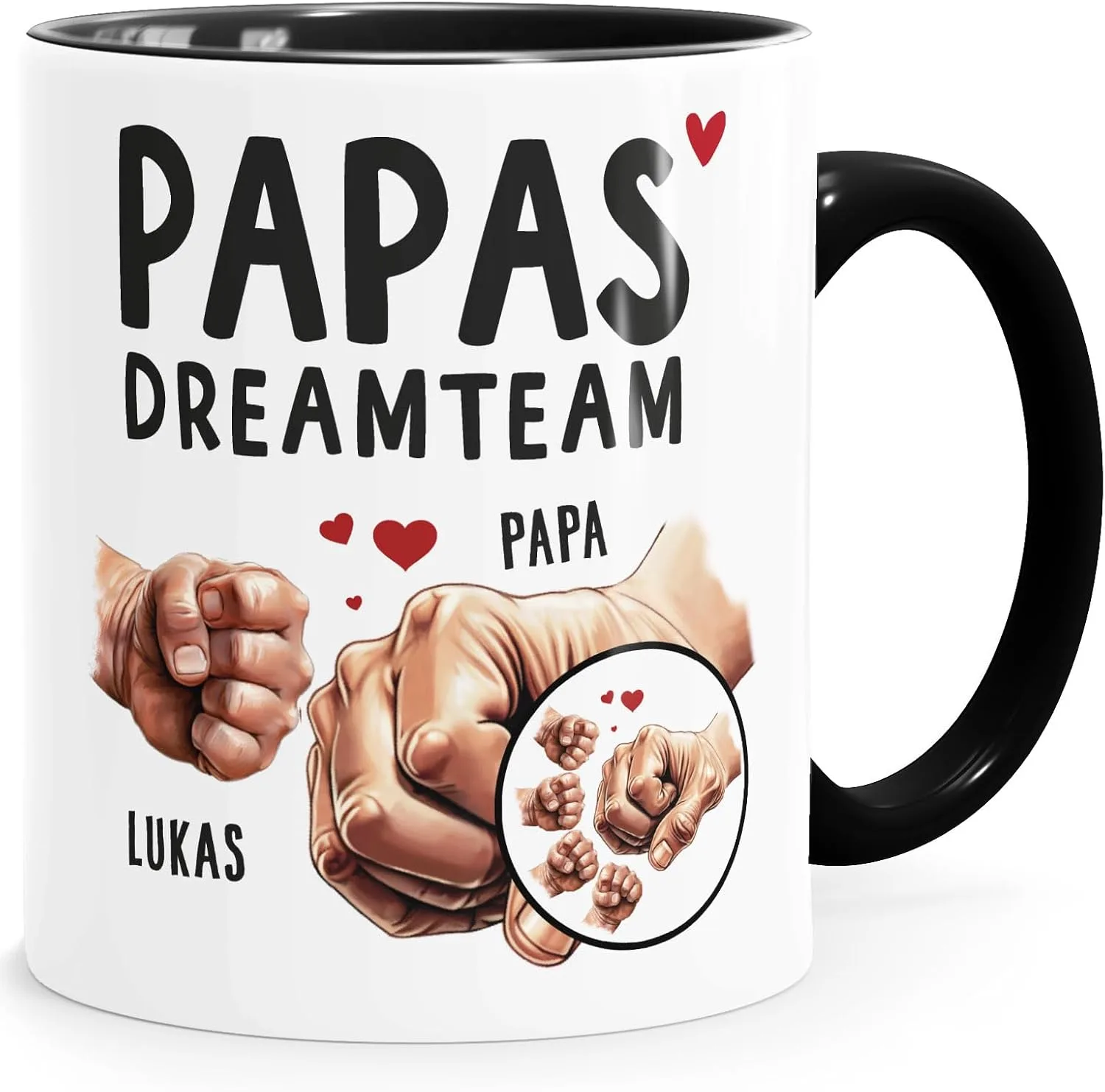 Кружка Dad с именем и отпечатками рук до 4 детей, подарок на День отца, белая внутри, черная SpecialMe