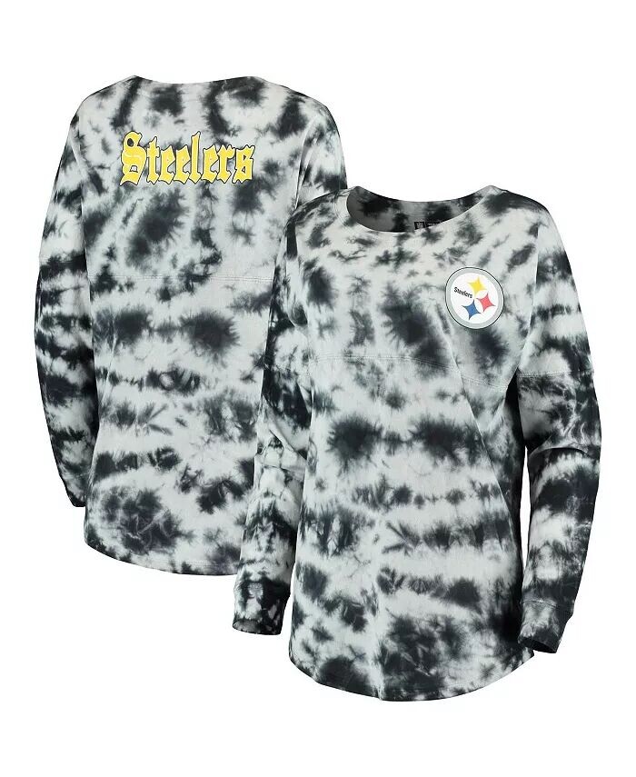 

Женская черная футболка с длинным рукавом Pittsburgh Steelers тай-дай New Era