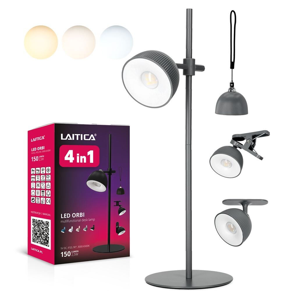 

LAITICA LED ORBI 2,5 Вт Настольная лампа - 4-в-1 Серый, зарядная станция USB, ТРИ ЦВЕТА СВЕТА KOBI
