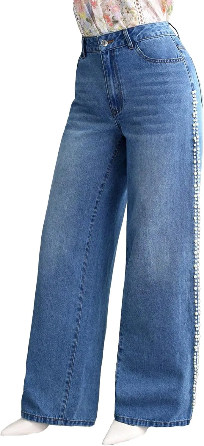 

Sexyshine Женские джинсы с высокой талией и жемчужными бусинами, прямые широкие