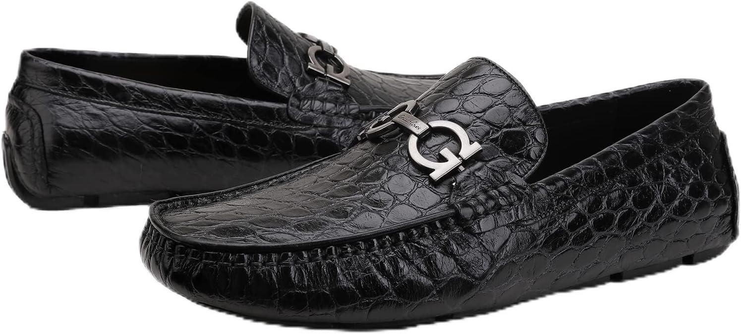 

Мужские кожаные мокасины, туфли с тиснением под крокодила с пряжкой, для вечеринок и свадеб, слипоны-лоферы для мужчин Generic, черный