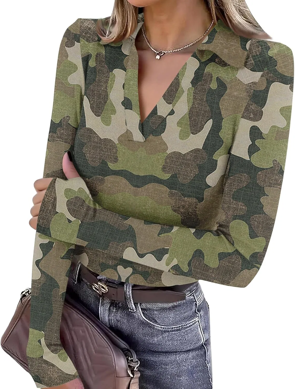 Активная футболка женская с v-вырезом, длинным рукавом, Army Green