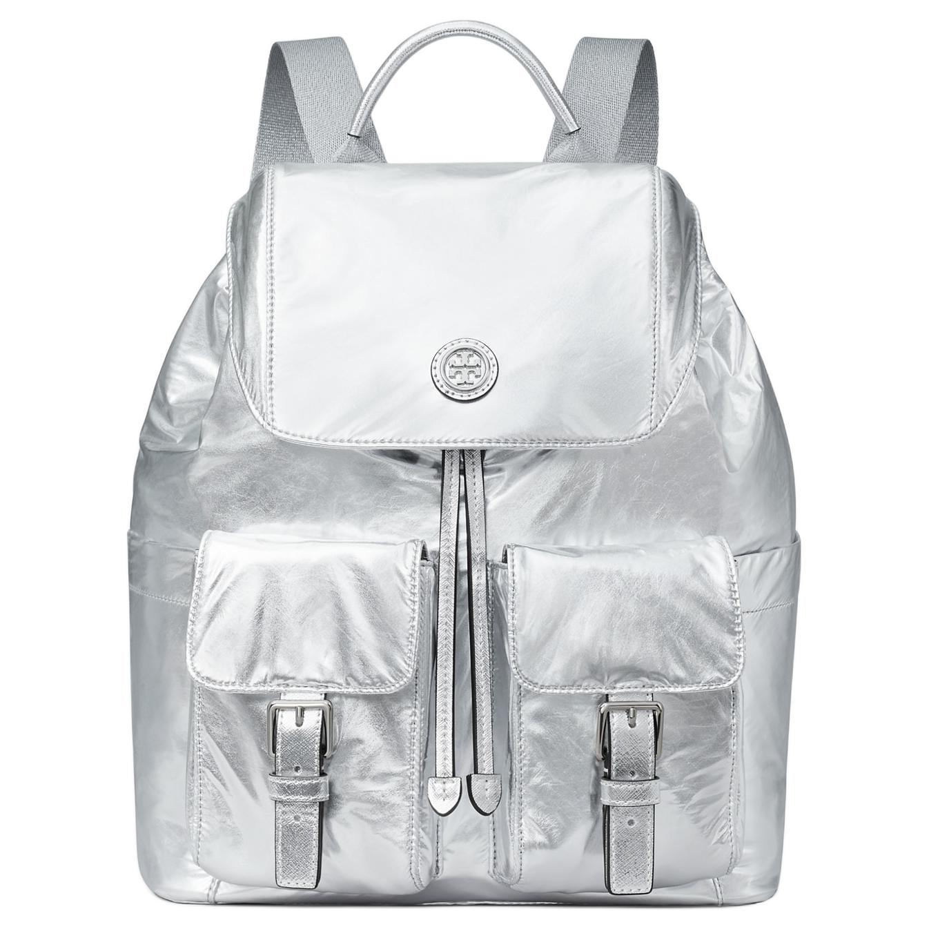

TORY BURCH Металлический нейлоновый рюкзак большой женский серебристый