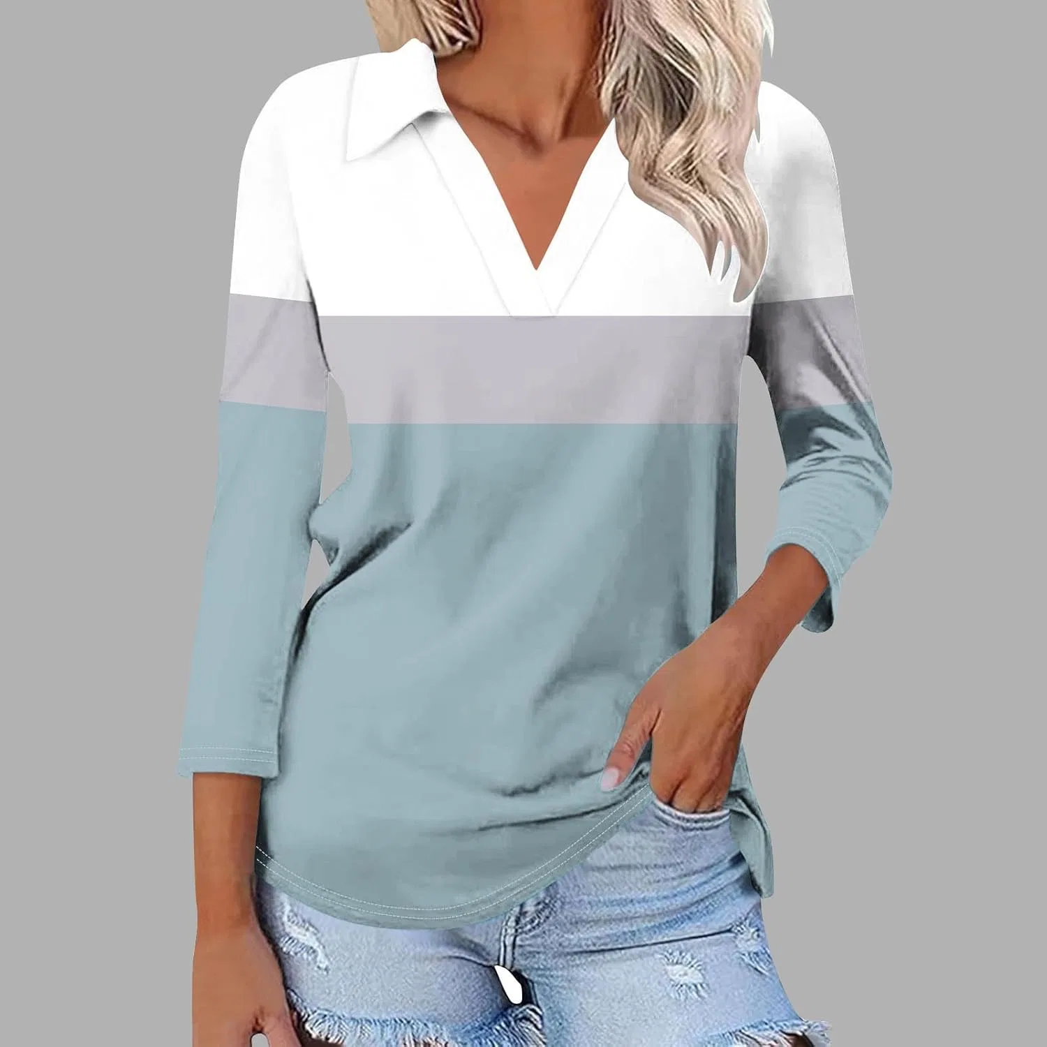 Женское поло с V-образным вырезом, 3/4 рукав, цветовой блок, Trendy 1#light Blue — фото 2