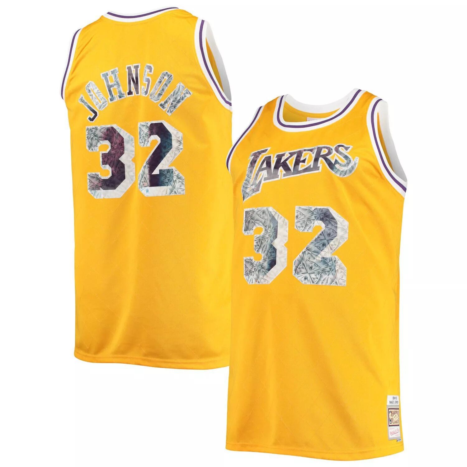 

Мужская майка Mitchell & Ness Magic Johnson Gold Los Angeles Lakers Big & Tall 1984-85 годов НБА с бриллиантами к 75-летию Diamond Swingman