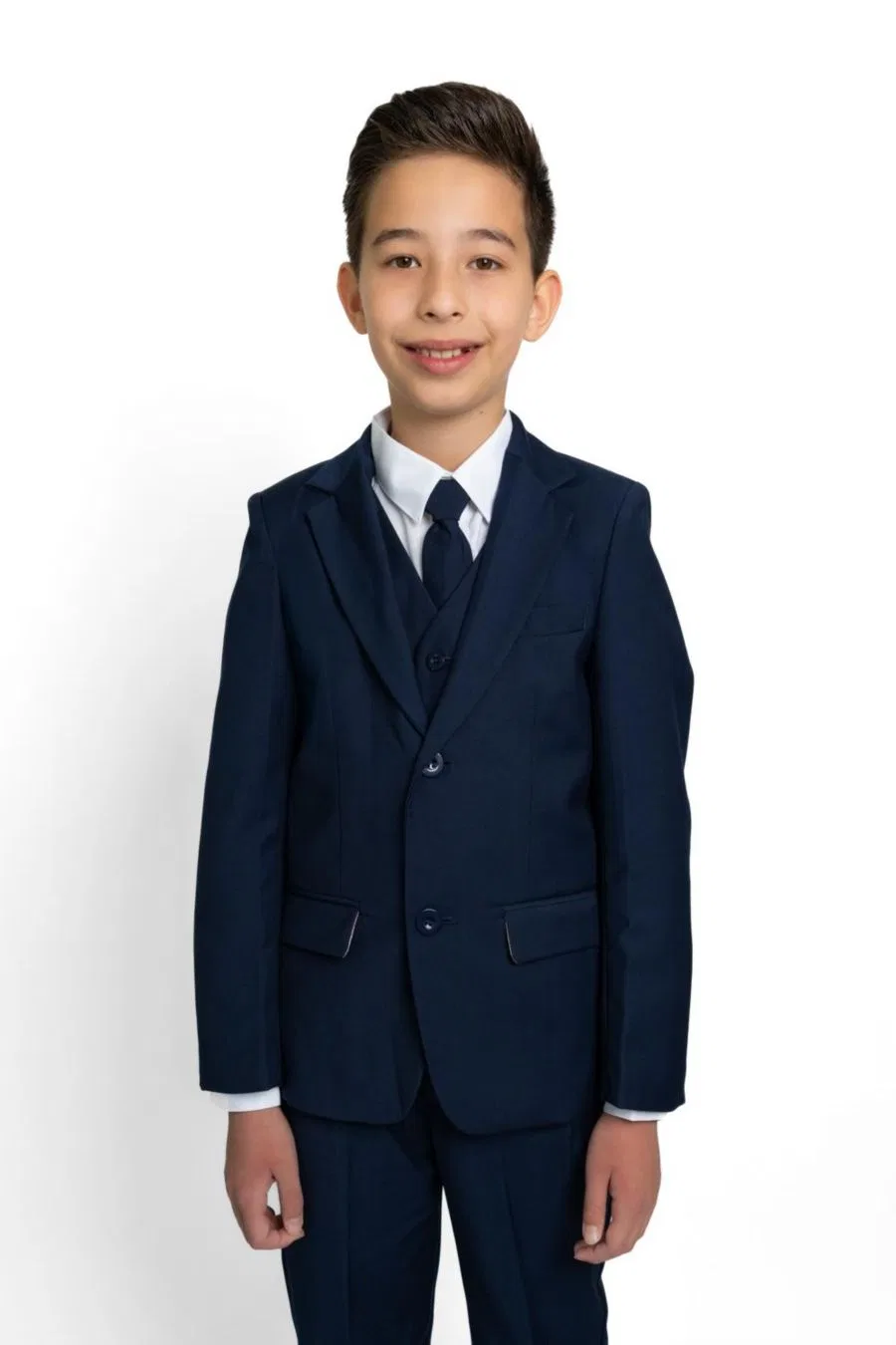 Костюм 007 Slim Fit для маленьких и больших мальчиков, состоящий из 5 предметов: рубашка, галстук, пиджак, жилет и брюки Peanut Butter Collection, темно-синий — фото 2