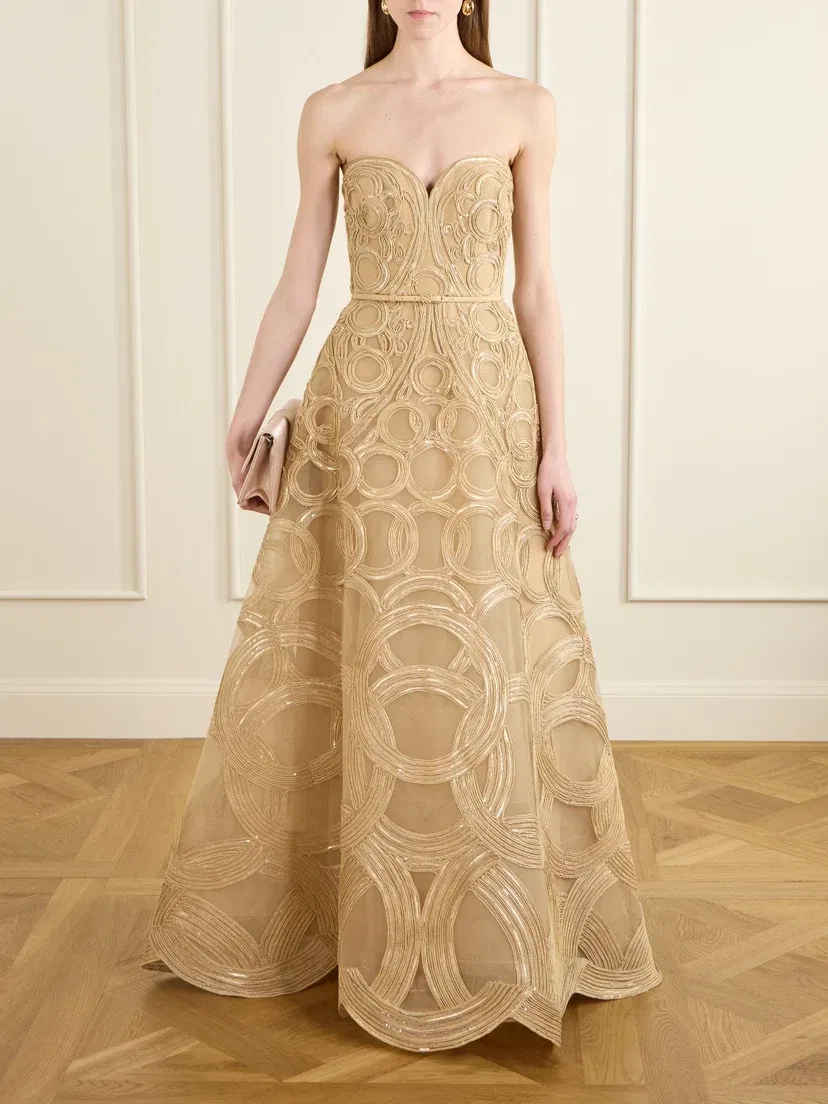 Платье-миди без бретелек из тюля с пайетками и отделкой из рафии Elie Saab, бежевый — фото 2