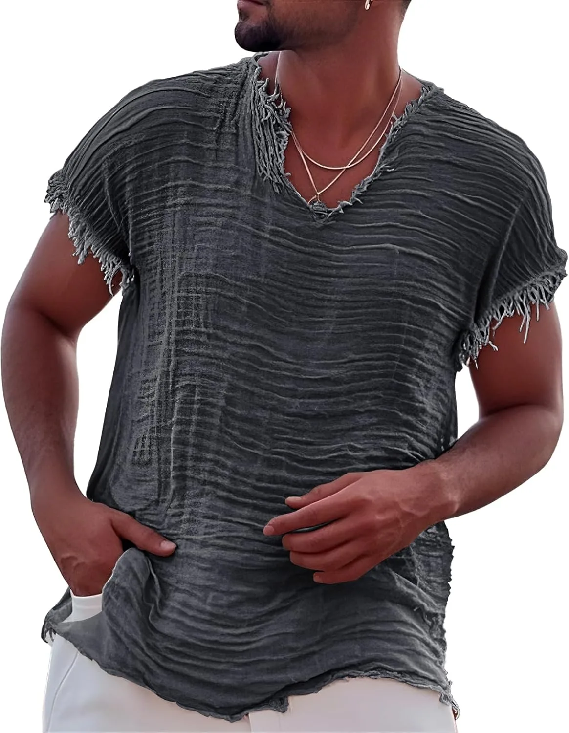 

Мужская льняная футболка с коротким рукавом и V-образным вырезом Thatrich