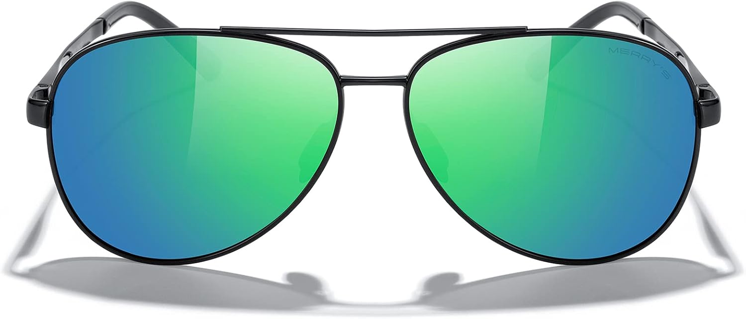 

Солнцезащитные очки-авиаторы MERRY'S для мужчин и женщин - поляризованные очки для вождения, зеркальные линзы, защита от УФ-излучения UV 400, диаметр линз 58 мм, Black Frame/Green Mirror Lens