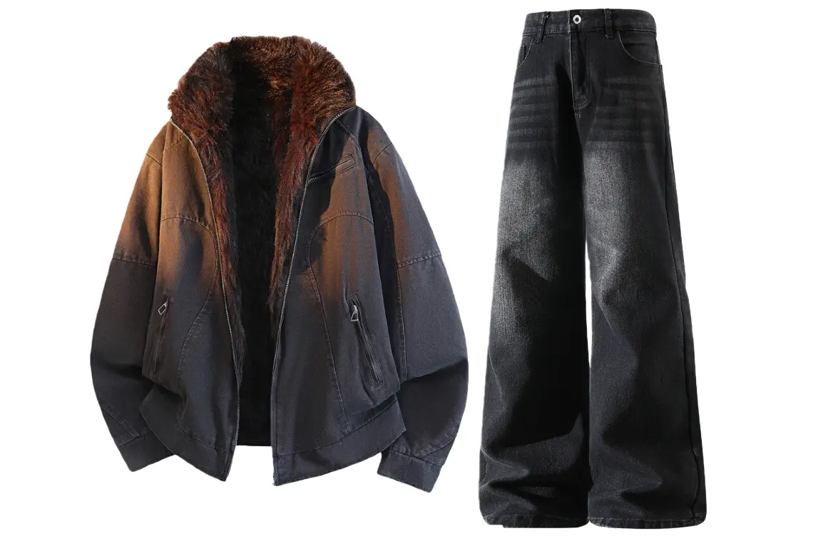 

Повседневный спортивный костюм Unisex с лацканами, утолщенный и с флисовой подкладкой X1617, темно-коричневый puffer jacket+черный fleece-lined pants