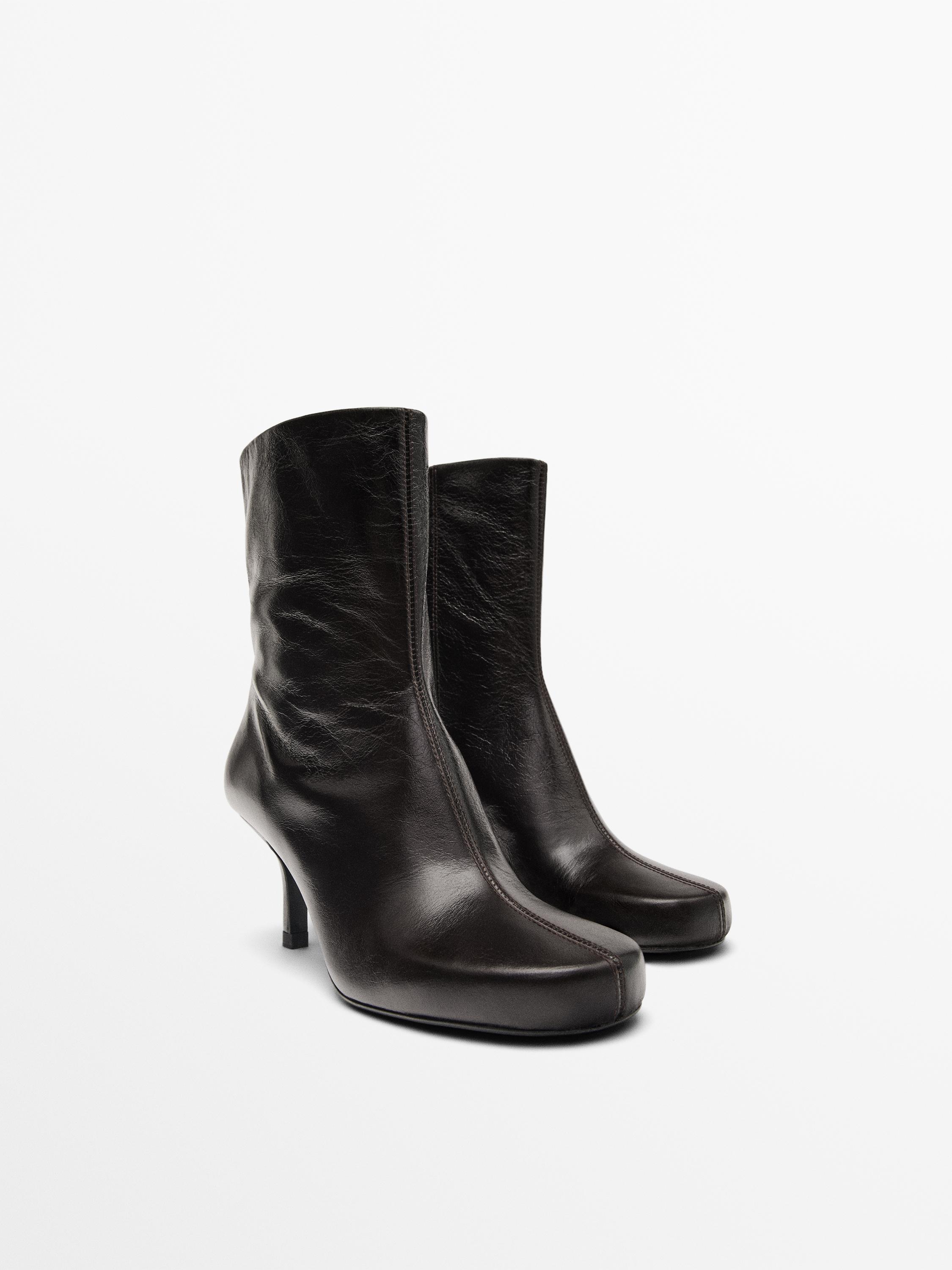 Ботильоны из блестящей кожи на высоком каблуке Massimo Dutti, коричневый — фото 2