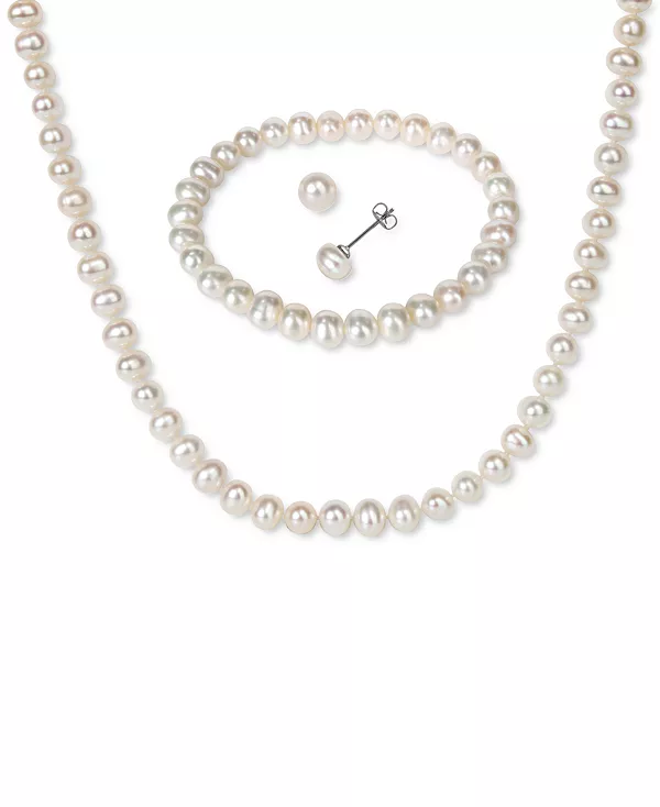 

Комплект из 3 предметов: браслет, ожерелье и серьги-гвоздики из культивированного пресноводного жемчуга (6-7 мм) Macy'S, silver-tone