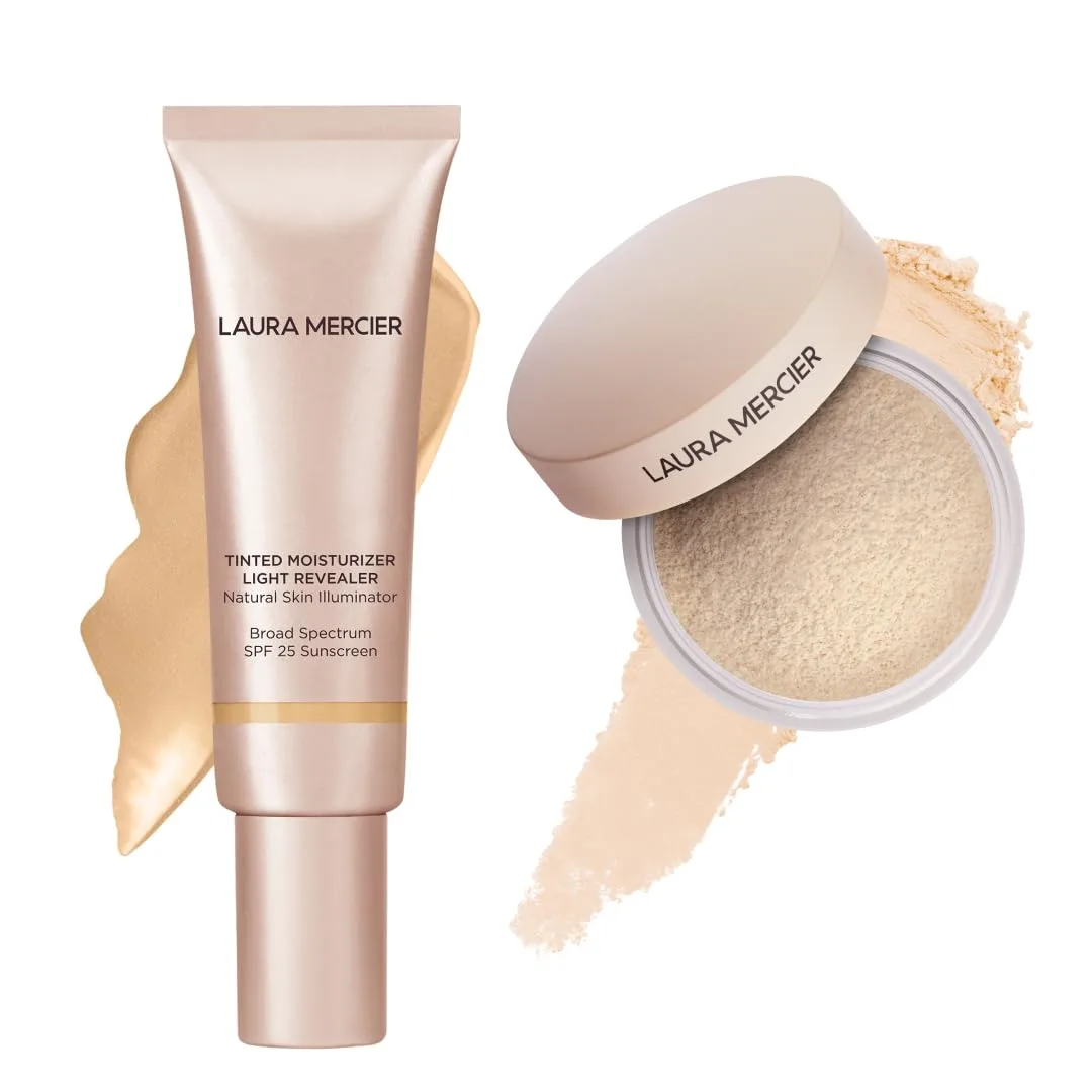 Laura Mercier Tinted Moisturizer Light Revealer с SPF 25, оттенок 2W1 Natural, и рассыпчатая пудра Ultra-Blur с гиалуроновой кислотой, оттенок Translucent