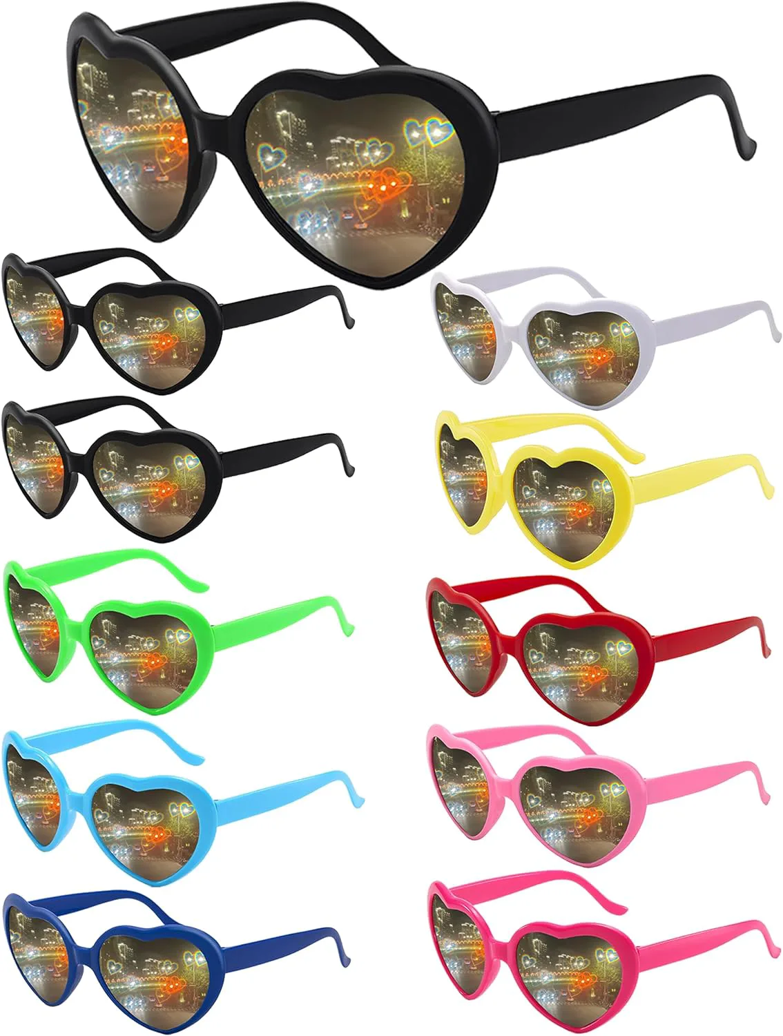 

10 солнцезащитных очков в форме сердца для женщин и мужчин, с эффектом дифракции в форме сердца, большие солнцезащитные очки для девичника Aeergured, Bright Colors