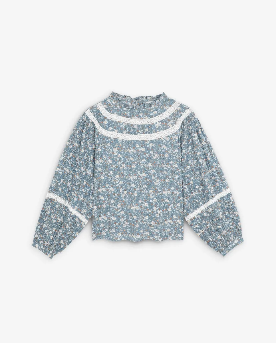 

Блузка для девочки с принтом, с круглым вырезом, с рюшами и кружевными деталями Scalpers, синий