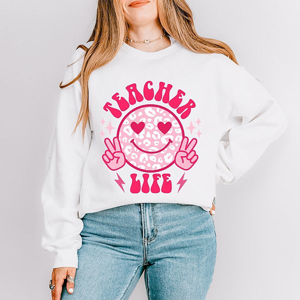 

Свитшот Teacher life с леопардовым принтом и смайликом Simply Sage Market, White