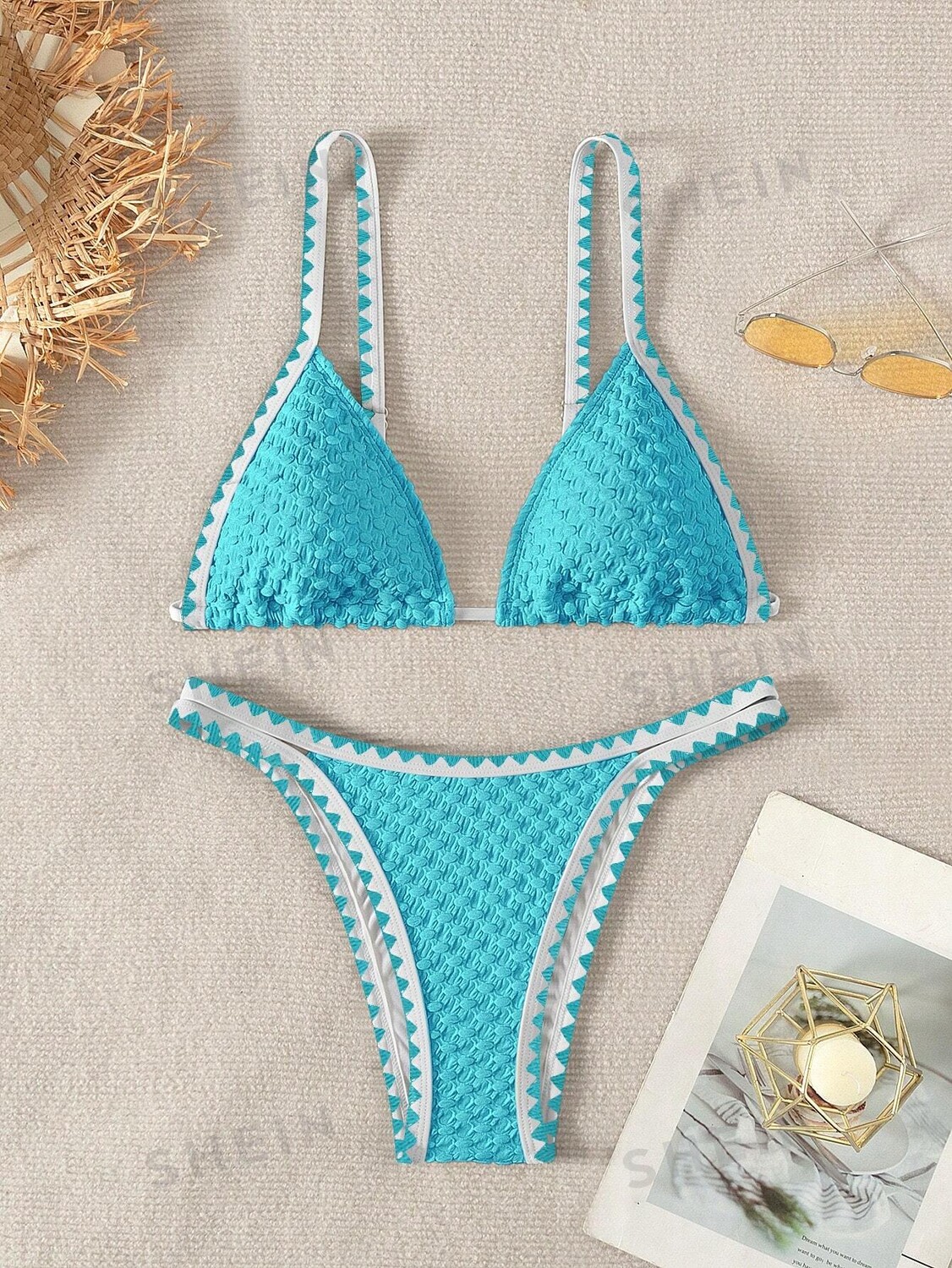 

Купальник текстурированный Shein Swim BohoFeel с зигзагообразной отделкой, голубой