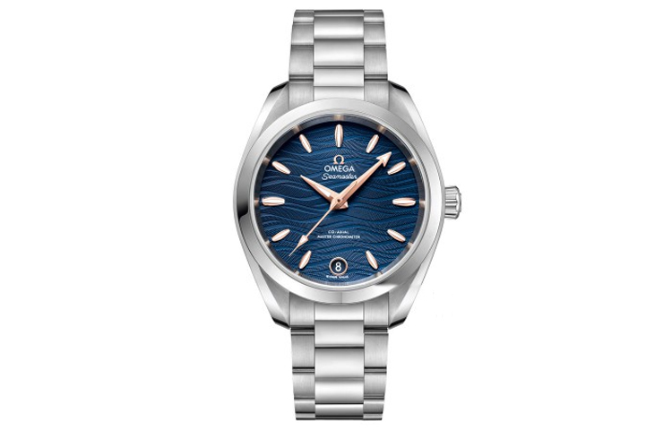 

Omega Женские часы AQUA TERRA с автоматическим механическим механизмом, водонепроницаемость 150 метров, диаметр 34 мм, синий циферблат