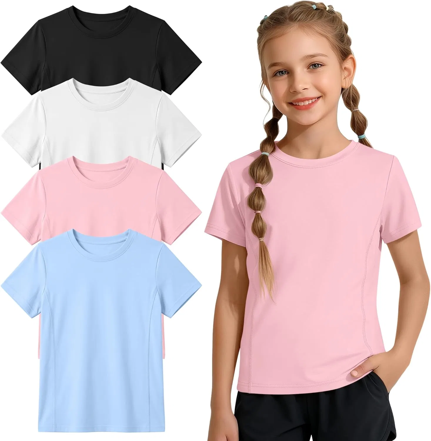 Комплект детских футболок для активного отдыха LessonZoo, 4 шт., Light Pink, Light Blue, White, Black
